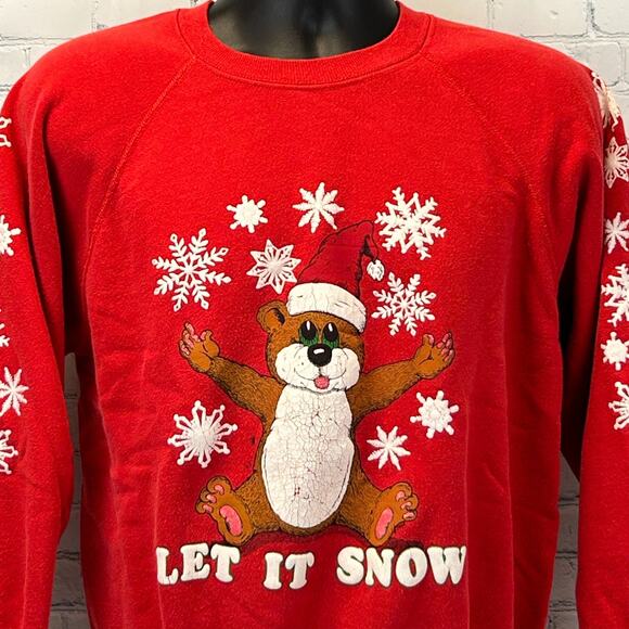 Vintage 80s Let It Snow Christmas Sweatshirt Sweater USA Made Red Mens M Medium - Picture 1 of 8